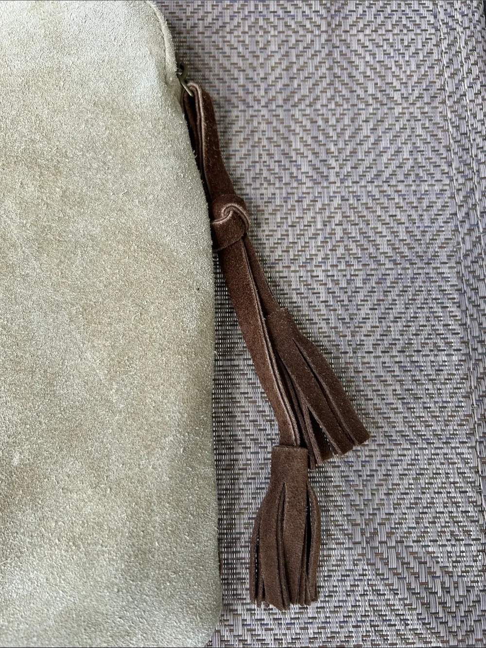 Genuine tan suede leather tablet case. Bronze studded. Suede tassels. 11 X9 inch